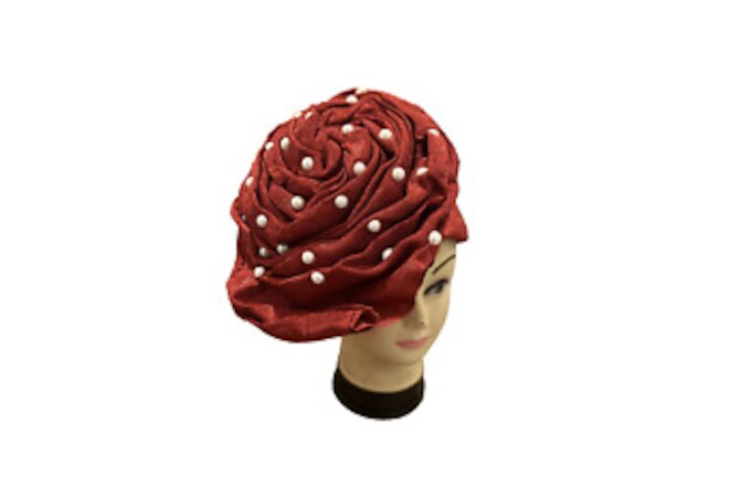 Aso-Oke African Headtie Auto Gele, Hot Red Stoned Ready Made Gele Fabric