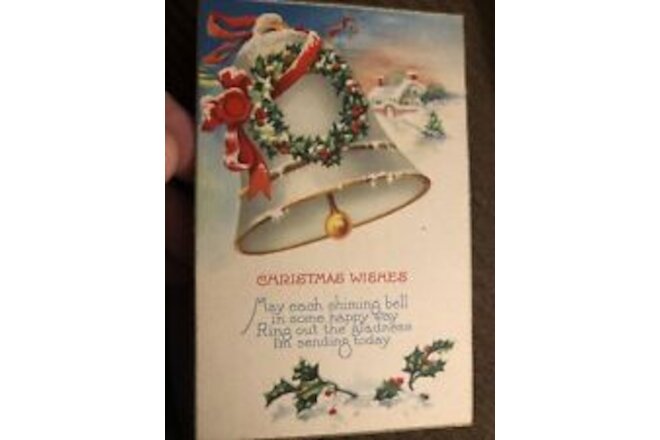c1920s Christmas Wishes Bell Wreath Snowy Cabin Holly Unposted Antique Postcard