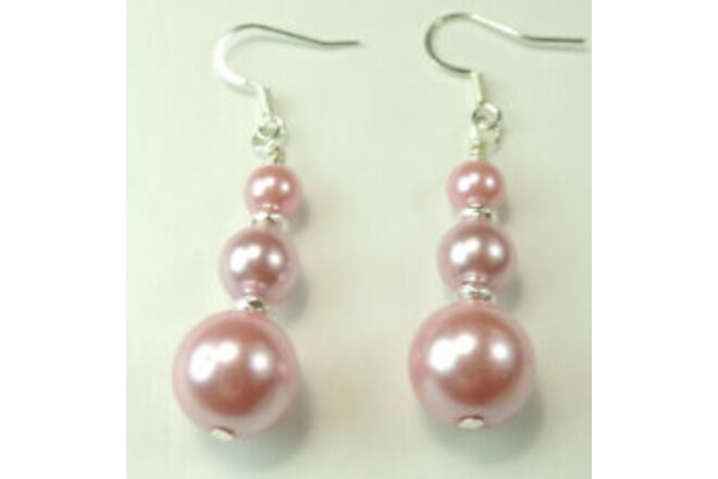 3 Pink Graduated Pearl Dangle Drop Earrings Handmade Artisan Jewelry