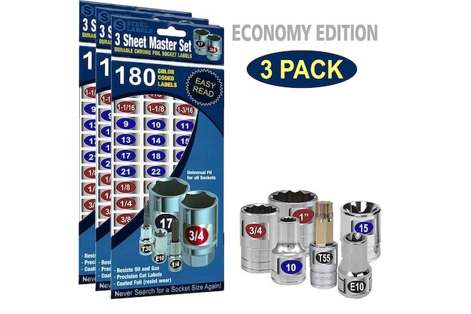 3 Pack Master Socket Label Set Economy Blue Edition Easy Read Chrome Decal Tags