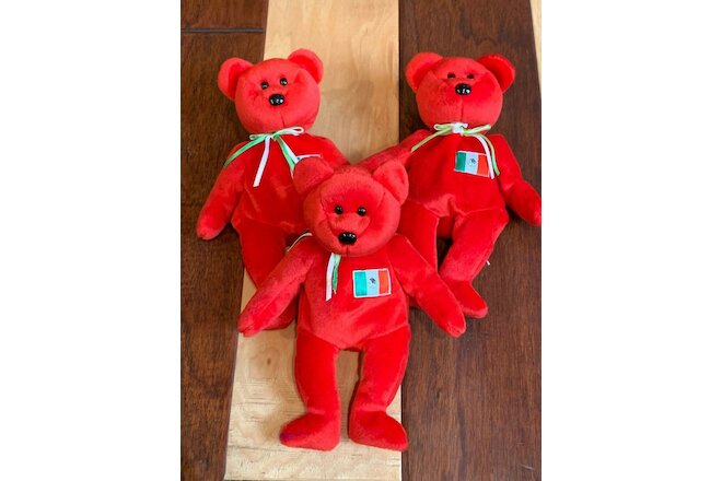 1999 TY BEANIE BABIES  8" BEAR RED OSITO MEXICAN FLAG LOT SET 3 NEW NWOT