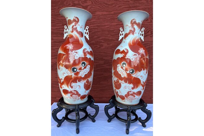 2 Vintage Foo Dog Vases-Red Chinese Porcelain Vases1900s Qing large with stands
