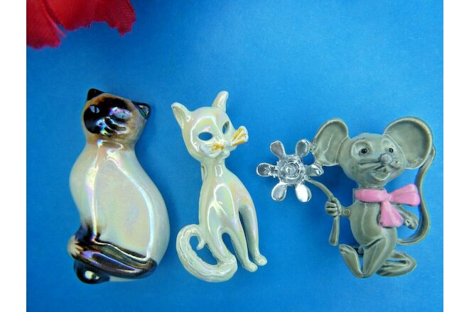 Vintage CAT Mouse Enamel Ceramic AVON Brooch Pin Figural Lot Iridescent
