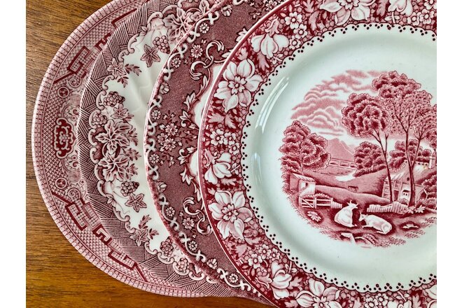 Vintage Mismatched China Salad Plates ~ Pink / Red Transferware ~ Set of 4