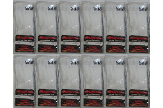 12 Snap-On Crew Socks Men's WHITE LARGE ~ FREE SHIP ~ MADE IN USA 12 PAIRS *NEW*