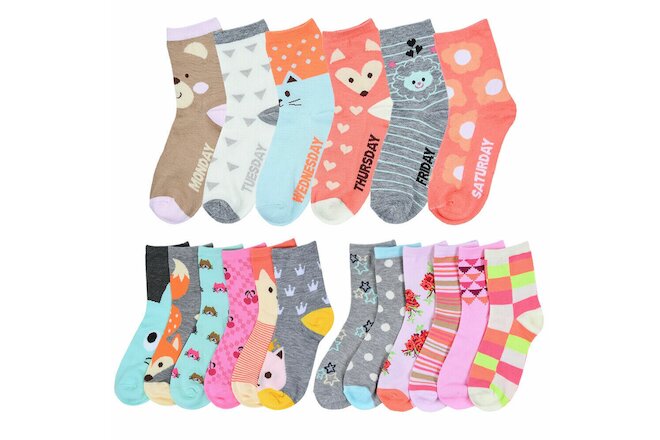 6 Pair Girls Socks Size 4-6 Crew Low Cut Quarter Kids Novelty Assorted Designs