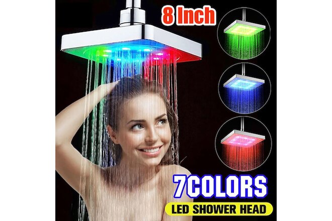 LED Rainfall Shower Head High pressure 8 inch Square Spray Brushed Nickel Brass