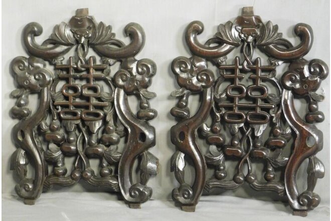 Pair Antique Rosewood Ebony Carved Chinese Fretwork Panels BATS Architectural