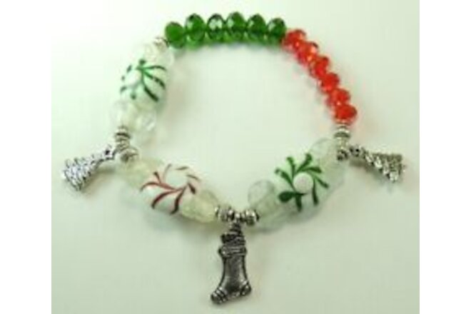 Christmas Crystal Charm Stretch Bracelet Peppermints Stocking Trees  Handcrafted