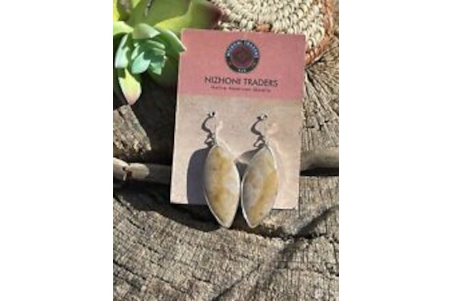 Navajo Fossilized Coral & Sterling Silver Dangle Earrings Signed