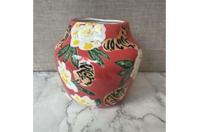 Leah Reena Goren Tiger + Flower Vase Anthropologie Coral 6.25” H
