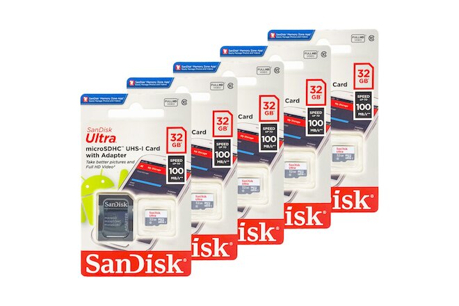 SanDisk Ultra Micro SD 32GB UHS-I Class 10  Card With Adapter 100Mb/s Pack of 5