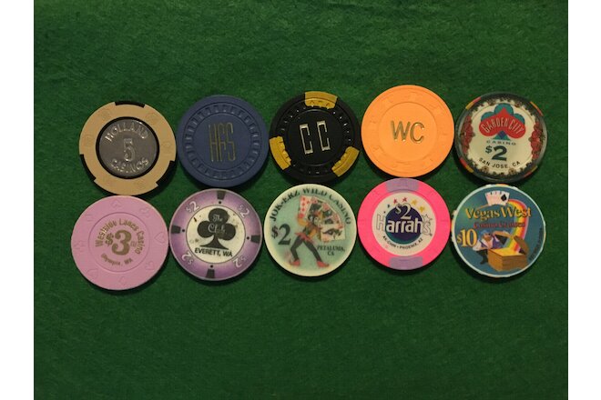 10 CASINO CHIPS FROM CASINOS ALL AROUND-VARIOUS LOCATIONS AND DENOMINATIONS