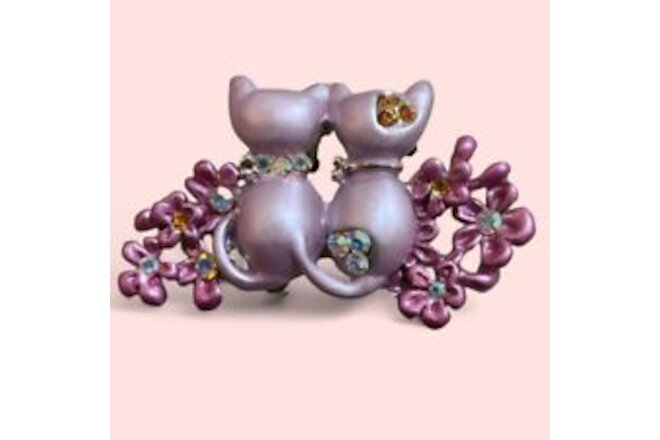 Two Cats Feline & Flowers Pink Enamel & Austrian Crystal Jeweled Pin Brooch