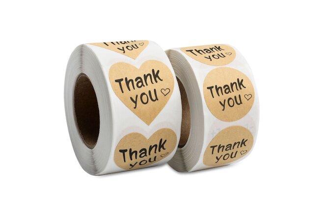 1000 Thank You Stickers Heart Love Shaped Kraft Paper & Round Adhesive Labels