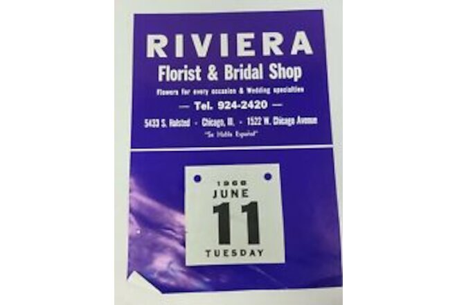 Riviera 1969 Vtg Salesman Sample Advertising Calendar Florist Bridal Chicago IL