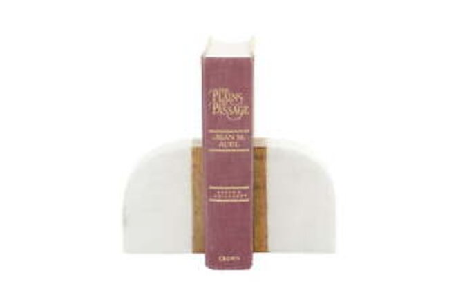 4" White Marble Bookends with Wood Details (Set of 2)