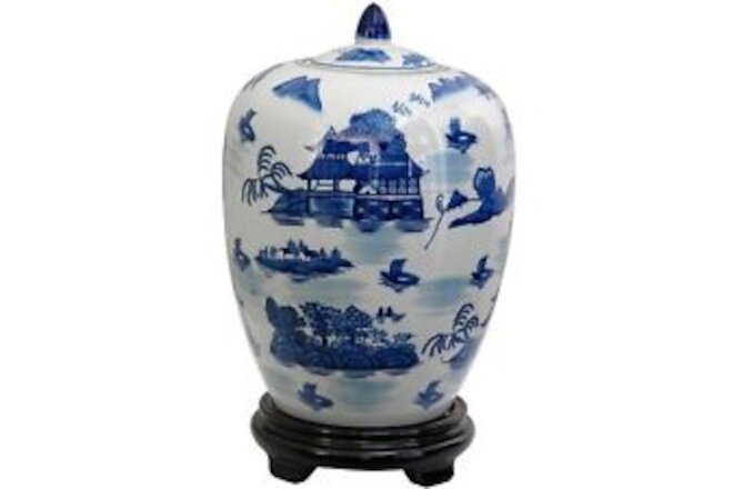 Oriental Furniture 11" Landscape Blue & White Porcelain Vase Jar