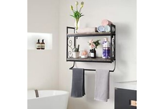2-Tier Bathroom Shelves Over Toilet，23.6 Inch Towel Rack with Shelf，Rustic So...