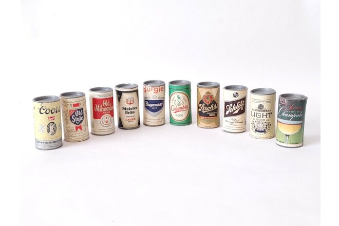 Vintage 10pc Lot Miniature Cardboard Beer Cans Promo Items Match Holder EMPTY