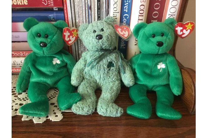 St Patrick’s Day Green Beanie Baby Bear Lot Erin Shamrock Irish Retired