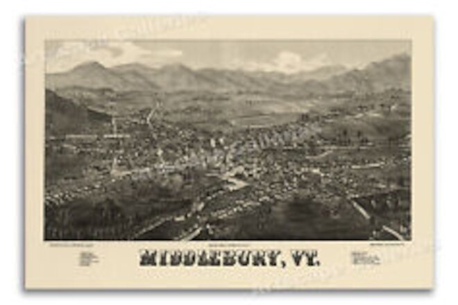 Bird's Eye View 1886 Middlebury Vermont Vintage Style City Map - 16x24