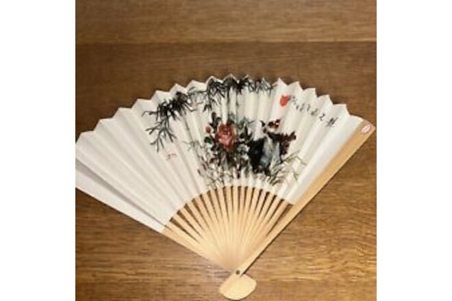 Vintage Handheld Chinese Fan Ivory Flowers Birds Paper  Bamboo 10" Collectible