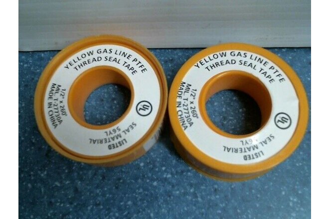 AA Thread Seal Yellow Gas Line PTFE Tape 260" L x 1/2" W, 0.1 oz., Lot of 2, FS