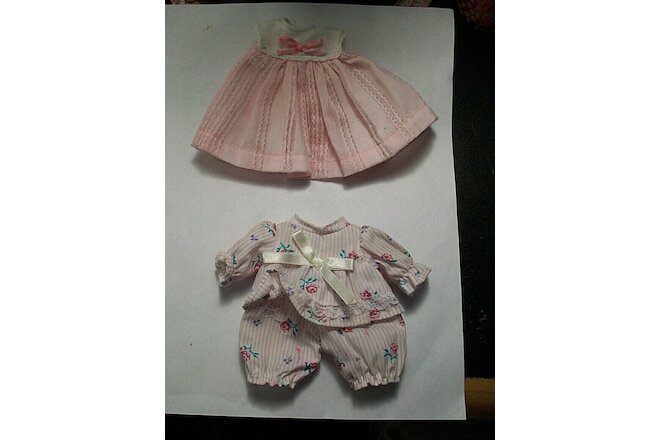 Vintage doll baby clothes 2 pcs. small pink dress and floral purple romper NICE