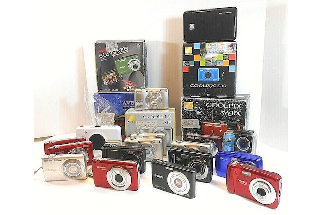 Lot Of 24 Cameras & 1Mini Printer Kodak Sony Nikon Polaroid Vivitar Parts Repair