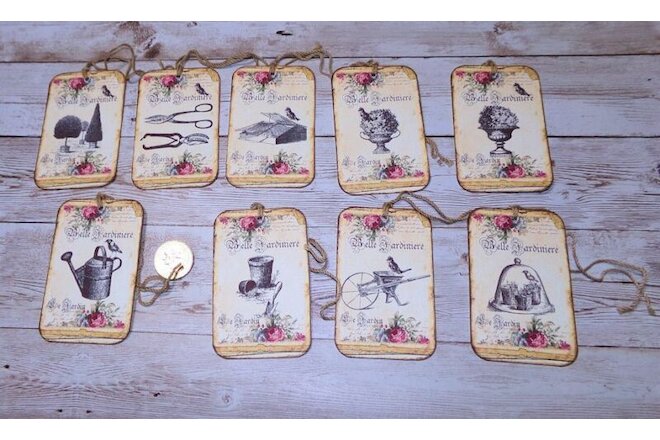 9~Vintage~Garden~French~Shabby Chic~Junk Journal~Linen Cardstock~Gift~Hang~Tags