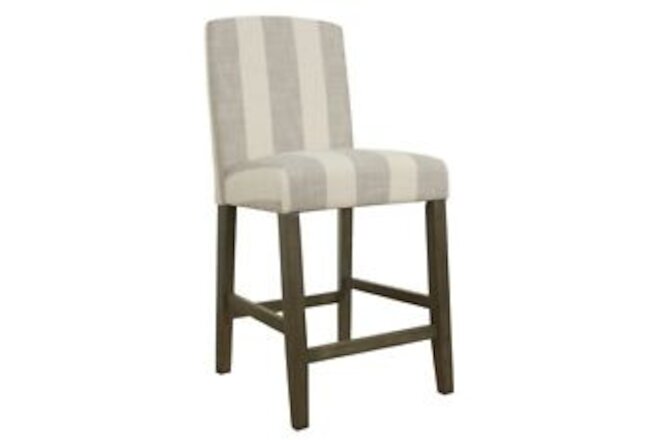 Fabric Upholstered Wooden Barstool With Awning Stripe Pattern White And Gray
