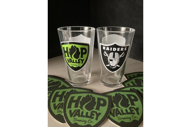 (2) NEW Raiders Hop Valley Brewing Beer Pint Glasses & 20 Bar Coasters Lot