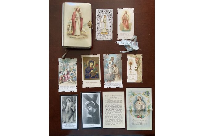 ANTIQUE 1917 "FIRST COMMUNION"GERMAN CATHOLIC PRAYER BOOK & HOLY CARDS CELLULOID