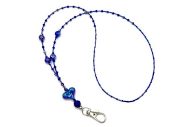 ID Badge Beaded Lanyard: Deep BLUE- Rhinestones, Acrylic & Glass Beads 32" +3"