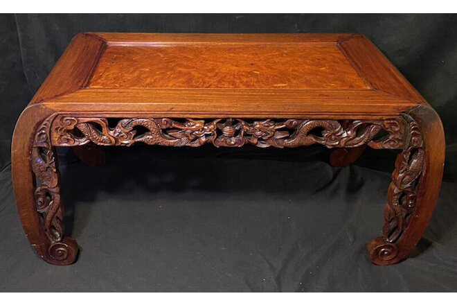 Antique Chinese Hand Carved Hóngmù Coffee Opium Table Dragons Burl Top