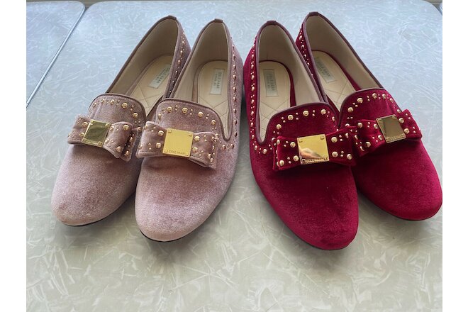 2 Pairs - Cole Haan Tali Bow Velvet Stud Loafers Women's 6.5 Red & Mauve Pink