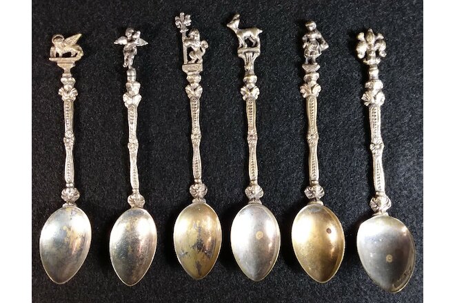Miniature Figural Spoons - Lot Set of 6 Spoons - Griffin Angel Lion Stag Woman