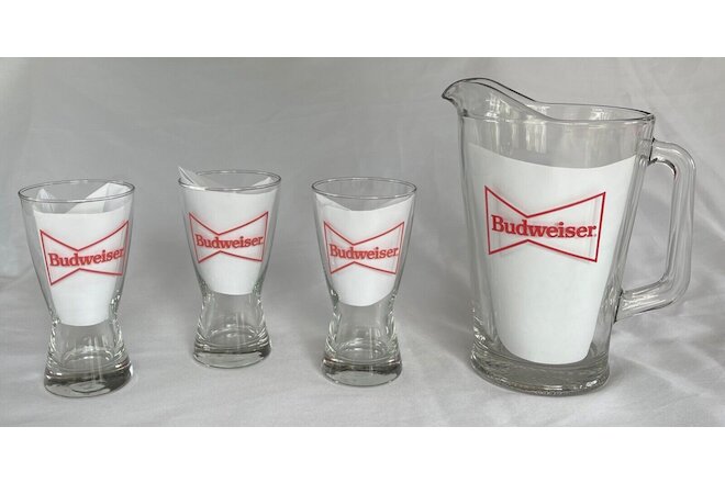 VINTAGE BUDWEISER Beer Bar Pitcher & Glasses BOW TIE Logo Red 4-Piece Set