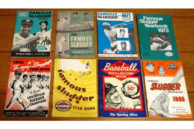 Famous Slugger Yearbook Lot (7) 1942 -- 1973 + 1951 BB Rule and Record Book