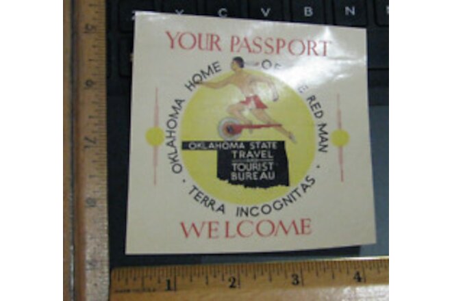 Travel Label Decal Luggage 1930's 1940's Oklahoma Passport Indian