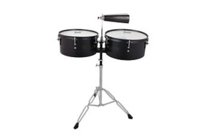 Percussion 13" & 14" Timbales Drum Set with Stand and Cowbell Black New -