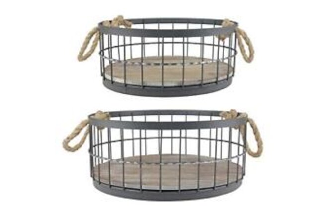 2pc Round Stackable Metal Wire and Wood Basket Set with Rope Handles, Rustic ...