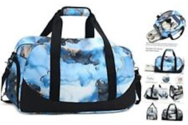 Kids Overnight Duffle Bag Girls Boys Sport Gym Bag with Shoe 46 Marble-Blue