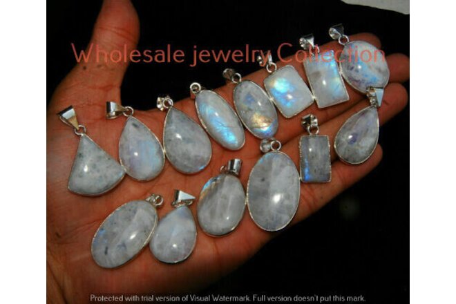 Natural Moonstone Gemstone 5pcs Wholesale Lot 925 Silver Plated Nice Pendants