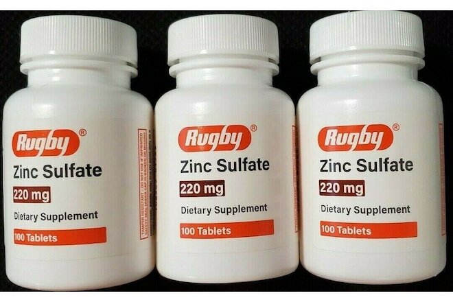 Rugby Zinc Sulfate 220mg Supplement 100 Tablets -3 Pack -Expiration Date 02-2023