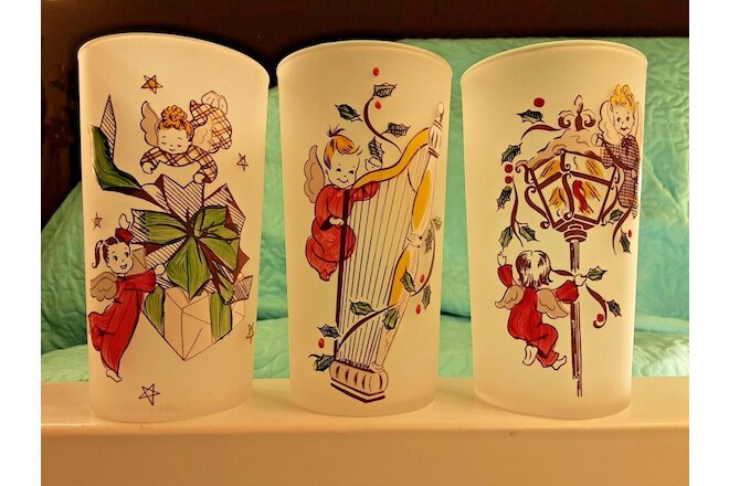 3 Retro Vintage 5" Federal Frosted Christmas Angel Theme Glasses Tumblers 1950s