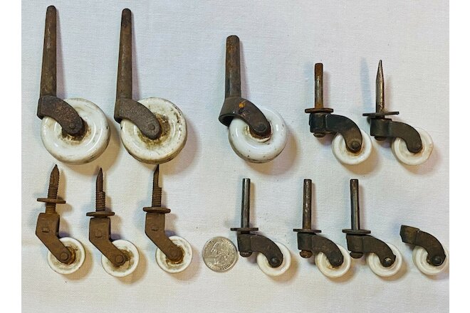 (12) Different-Sized Antique Porcelain Furniture Casters or Wheels