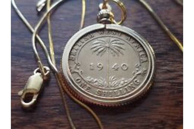 1940 British West Africa Palm Coin Pendant on 20" 18kgf Gold Filled Snake Chain