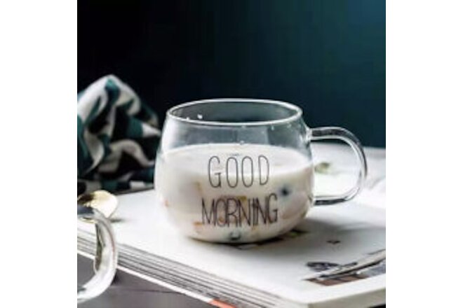 New Coffee Tea Milk Clear "Good Morning" Set of 2  Cups Mug Bowl Cup Glass Y2